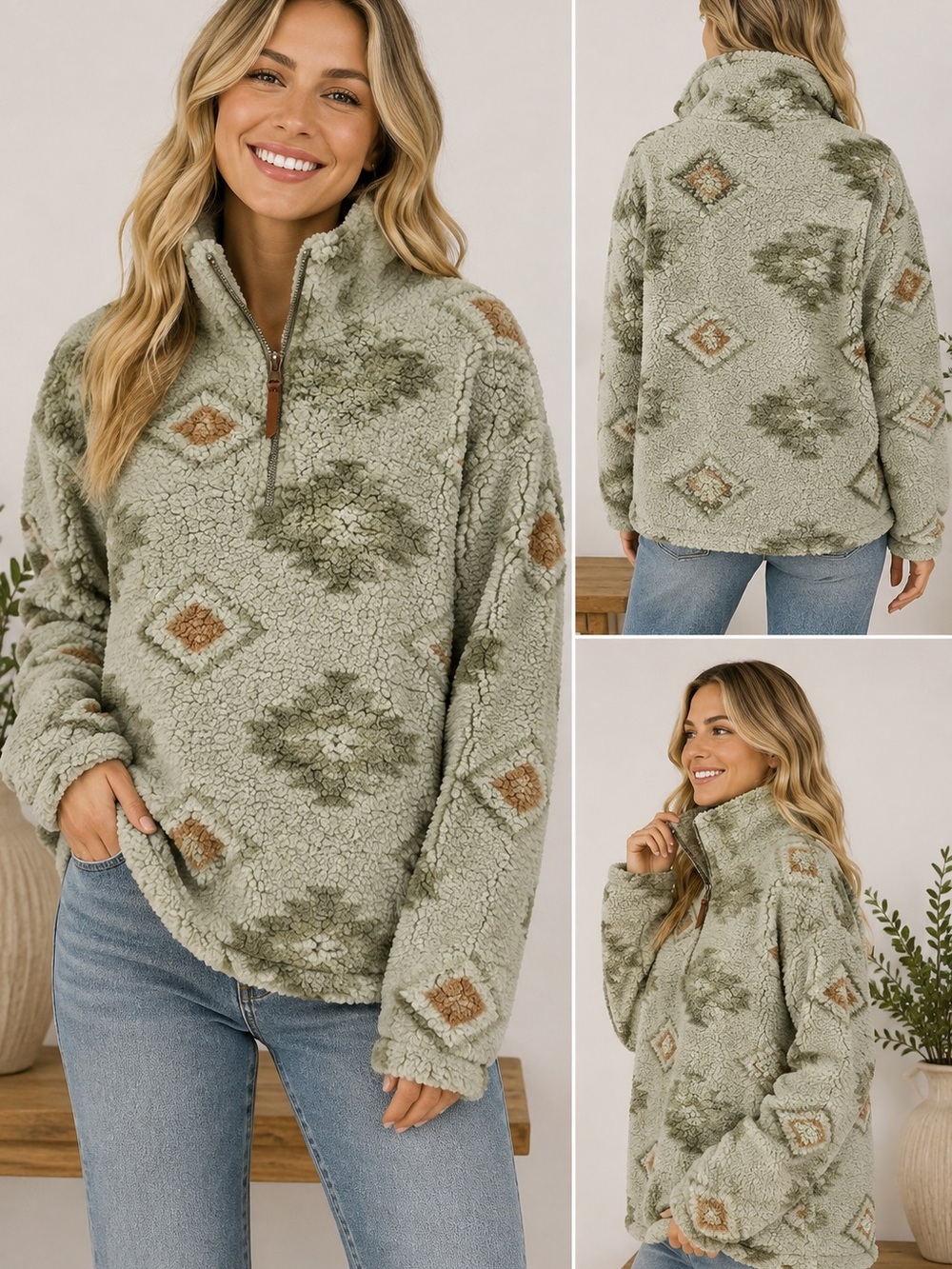 Thread & Supply Sage Sherpa Quarter-Zip Pullover with Tan Accents
